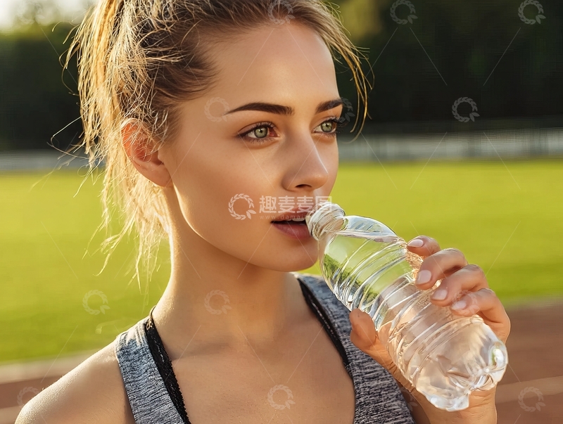 高清大图下载【趣麦麦图】运动后女性在户外跑道上喝水补水