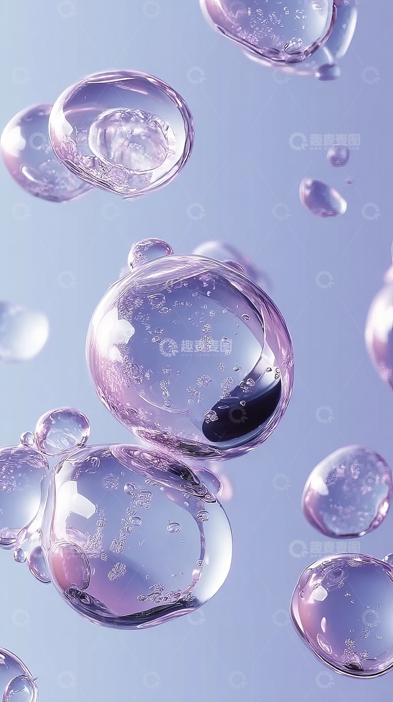 高清大图下载【趣麦麦图】透明气泡悬浮于淡紫色背景中