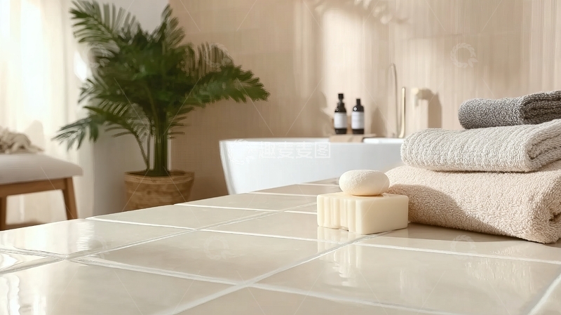 高清大图下载【趣麦麦图】现代浴室一角摆放着毛巾和香皂