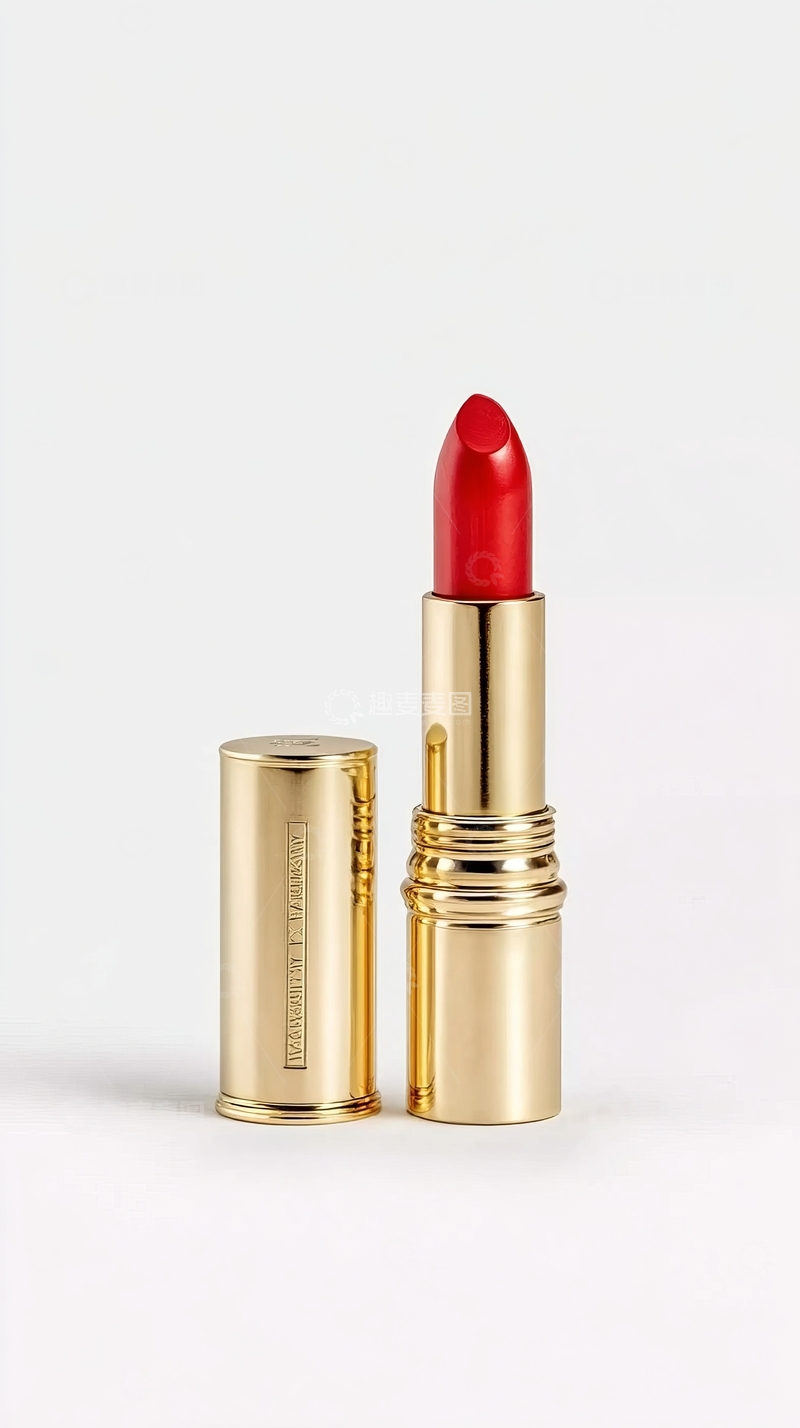 高清大图下载【趣麦麦图】金色管身红色口红及其盖子静置于纯白背景上