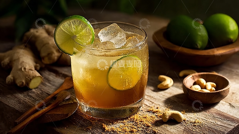 高清大图下载【趣麦麦图】一杯装有冰块和青柠片的饮品置于木质桌面上