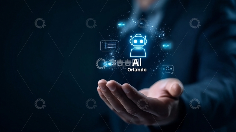 高清大图下载【趣麦麦图】科技人手托举虚拟机器人图标展示未来智能概念