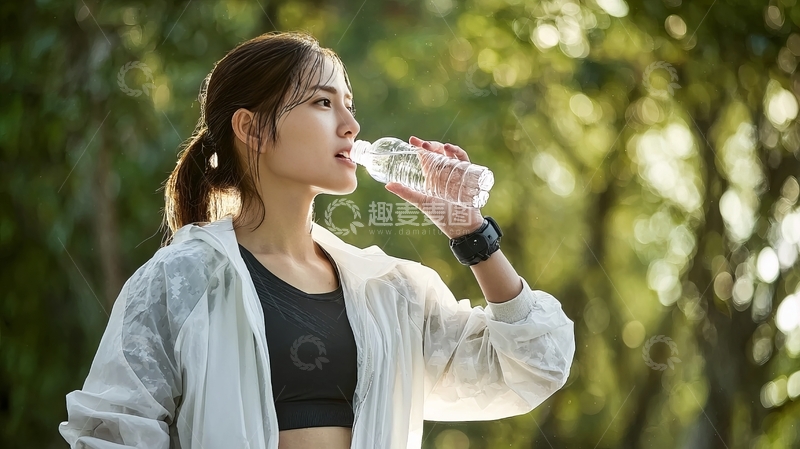 高清大图下载【趣麦麦图】户外运动后女性饮用瓶装水补水
