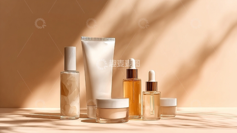 高清大图下载【趣麦麦图】多款护肤品摆放在柔和光影下的桌面