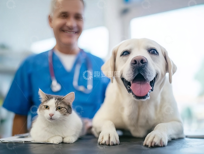 高清大图下载【趣麦麦图】兽医与宠物狗猫在诊所内合影