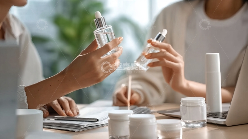 高清大图下载【趣麦麦图】两人在桌前展示和讨论护肤品瓶罐