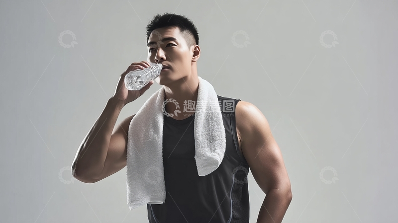 高清大图下载【趣麦麦图】肌肉发达男子运动后喝水休息