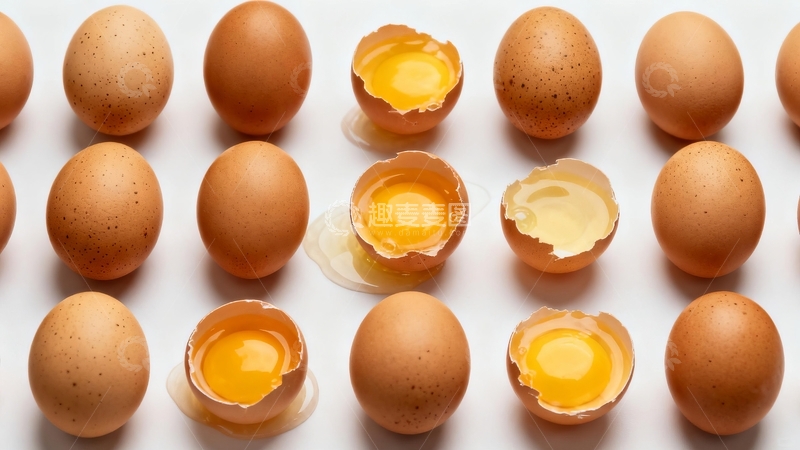 高清大图下载【趣麦麦图】排列整齐的鸡蛋部分破碎露出蛋黄