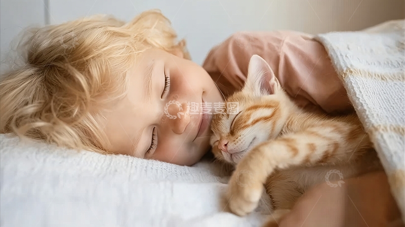 高清大图下载【趣麦麦图】-金发小孩与橘猫亲密依偎共眠