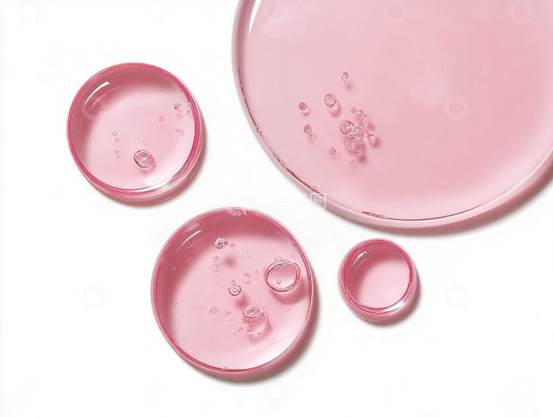 高清大图下载【趣麦麦图】四个装有透明液体的培养皿在白色背景上排列