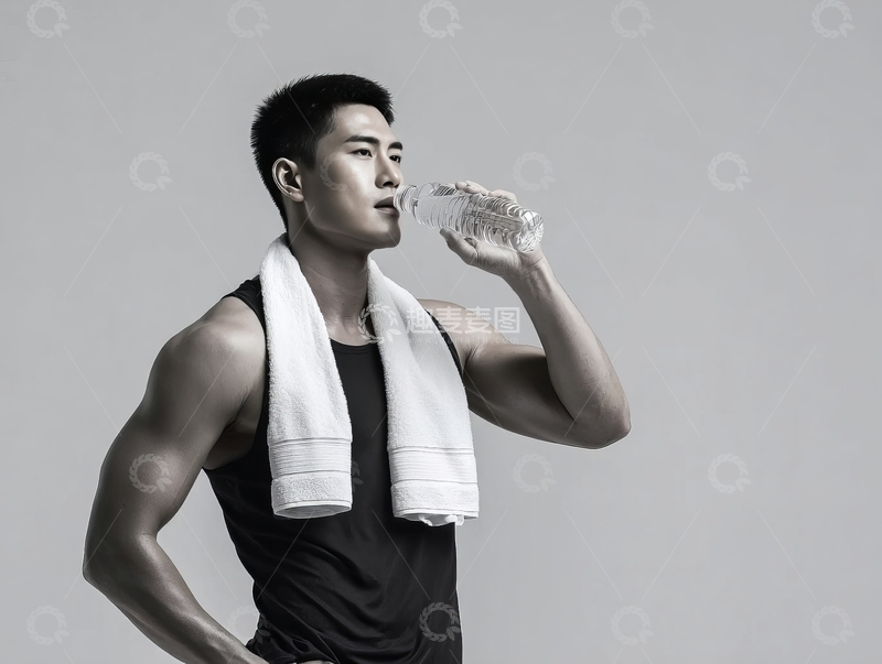 高清大图下载【趣麦麦图】健身男子喝水休息肩搭毛巾黑白照片