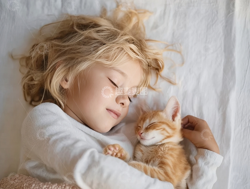 高清大图下载【趣麦麦图】金发小孩与小猫亲密依偎安睡
