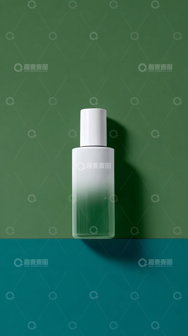 高清大图下载【趣麦麦图】绿色与蓝色渐变背景上的简约白色瓶装产品