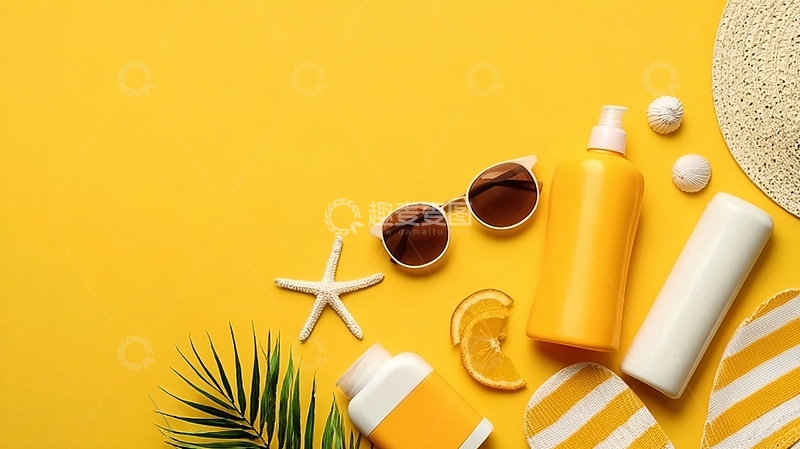 高清大图下载【趣麦麦图】黄色背景上的夏日防晒用品与装饰品