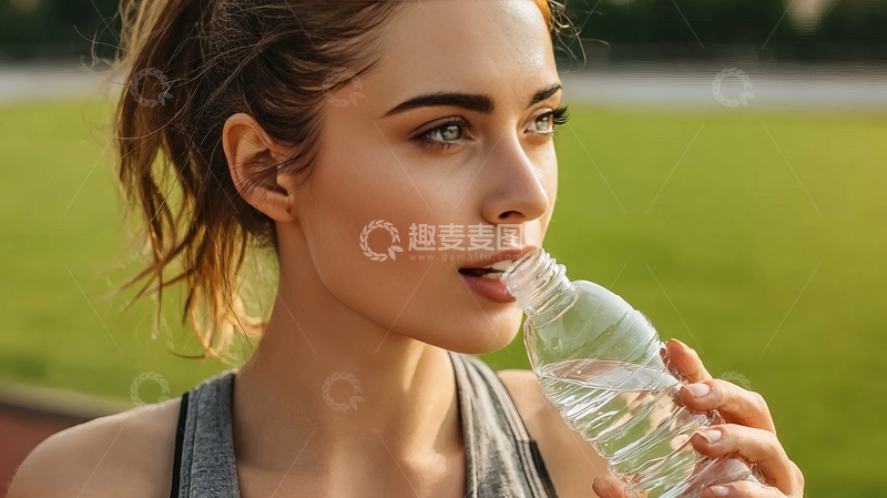 高清大图下载【趣麦麦图】年轻女子在户外运动后喝水