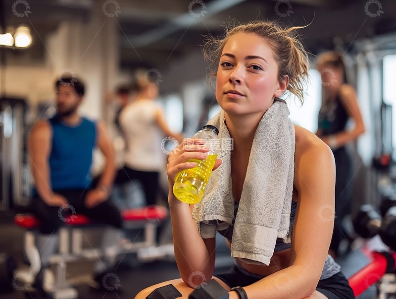 高清大图下载【趣麦麦图】健身房内女子休息手持饮料毛巾搭肩