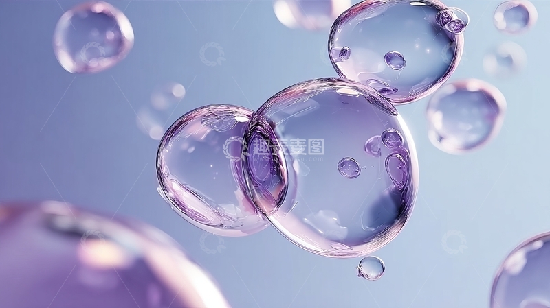 高清大图下载【趣麦麦图】透明紫色泡泡漂浮在柔和背景中