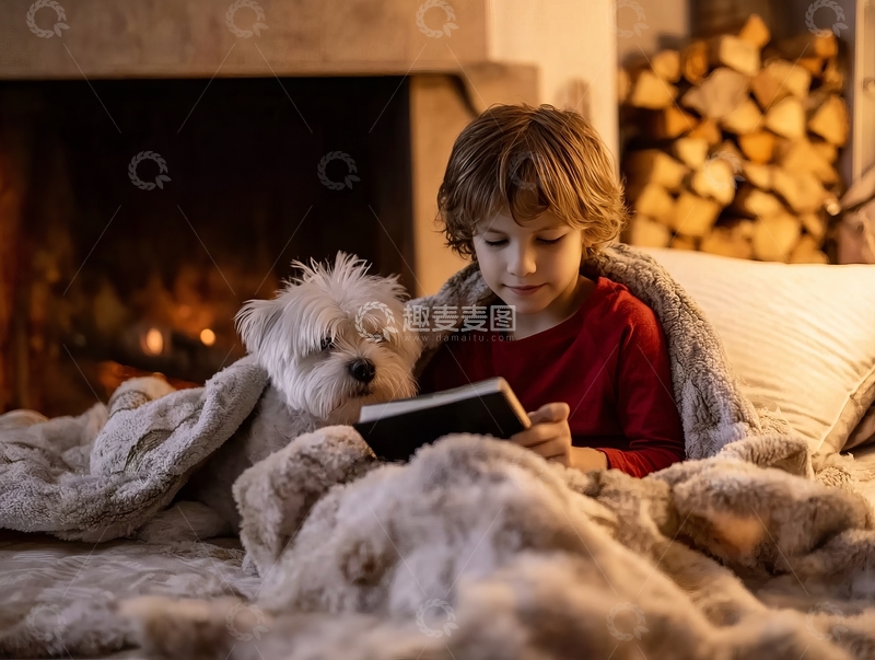 高清大图下载【趣麦麦图】男孩与小狗在温暖壁炉旁床上阅读