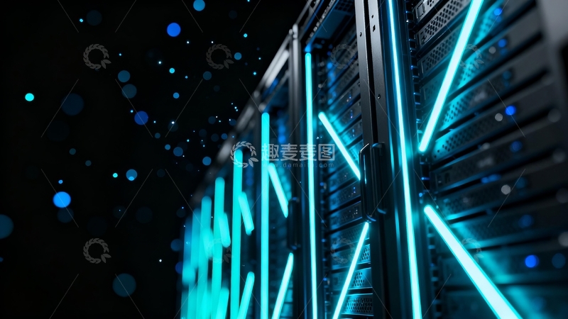 高清大图下载【趣麦麦图】数据中心服务器机柜在蓝色灯光下运行