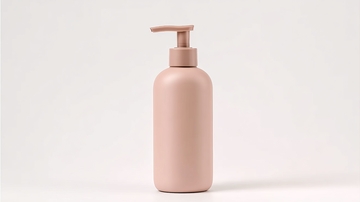 浅粉色按压式瓶装护肤品置于简洁白色背景中