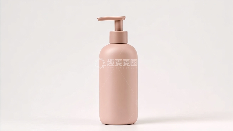 高清大图下载【趣麦麦图】浅粉色按压式瓶装护肤品置于简洁白色背景中