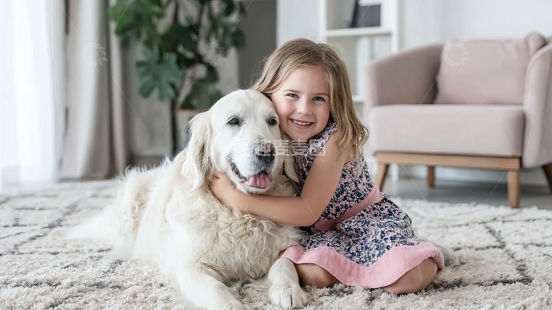 高清大图下载【趣麦麦图】小女孩与金毛犬在室内温馨拥抱