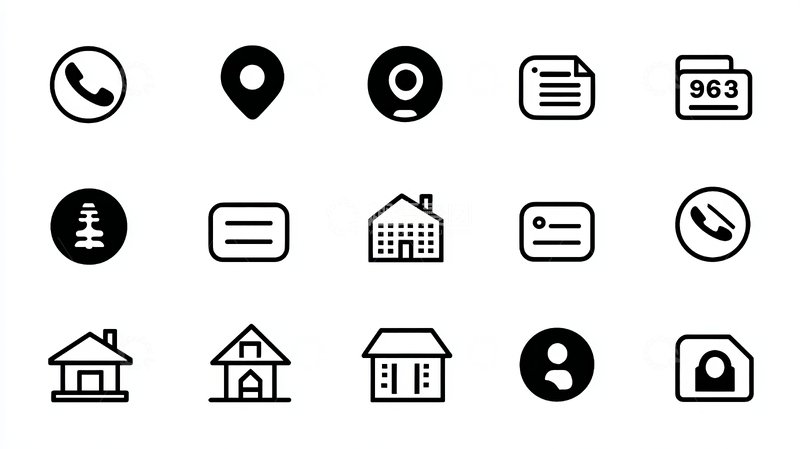 高清大图下载【趣麦麦图】一组包含电话、位置、文档和房屋等图标的集合