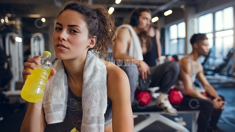 健身房内女子运动后补水男子休息