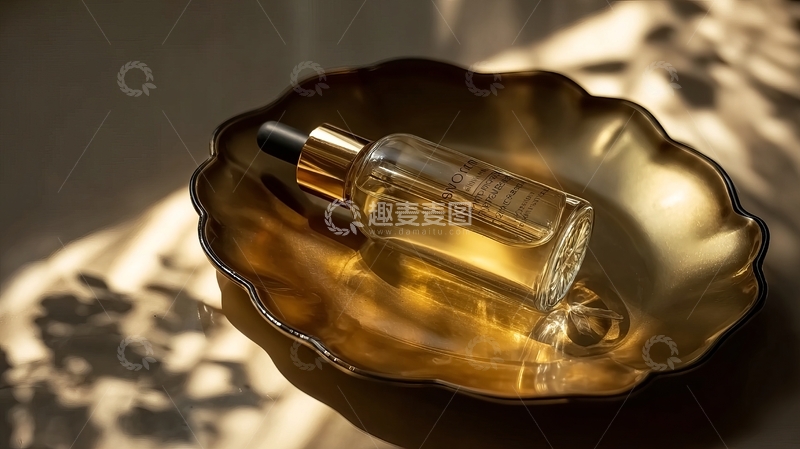 高清大图下载【趣麦麦图】金色容器中放置的透明精油瓶光影效果