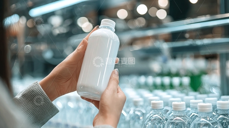 高清大图下载【趣麦麦图】女性在超市货架前手持白色塑料瓶