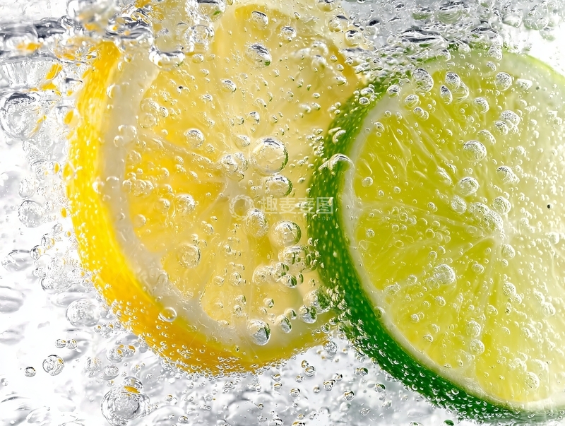 高清大图下载【趣麦麦图】柠檬和青柠切片在水中激起气泡的特写