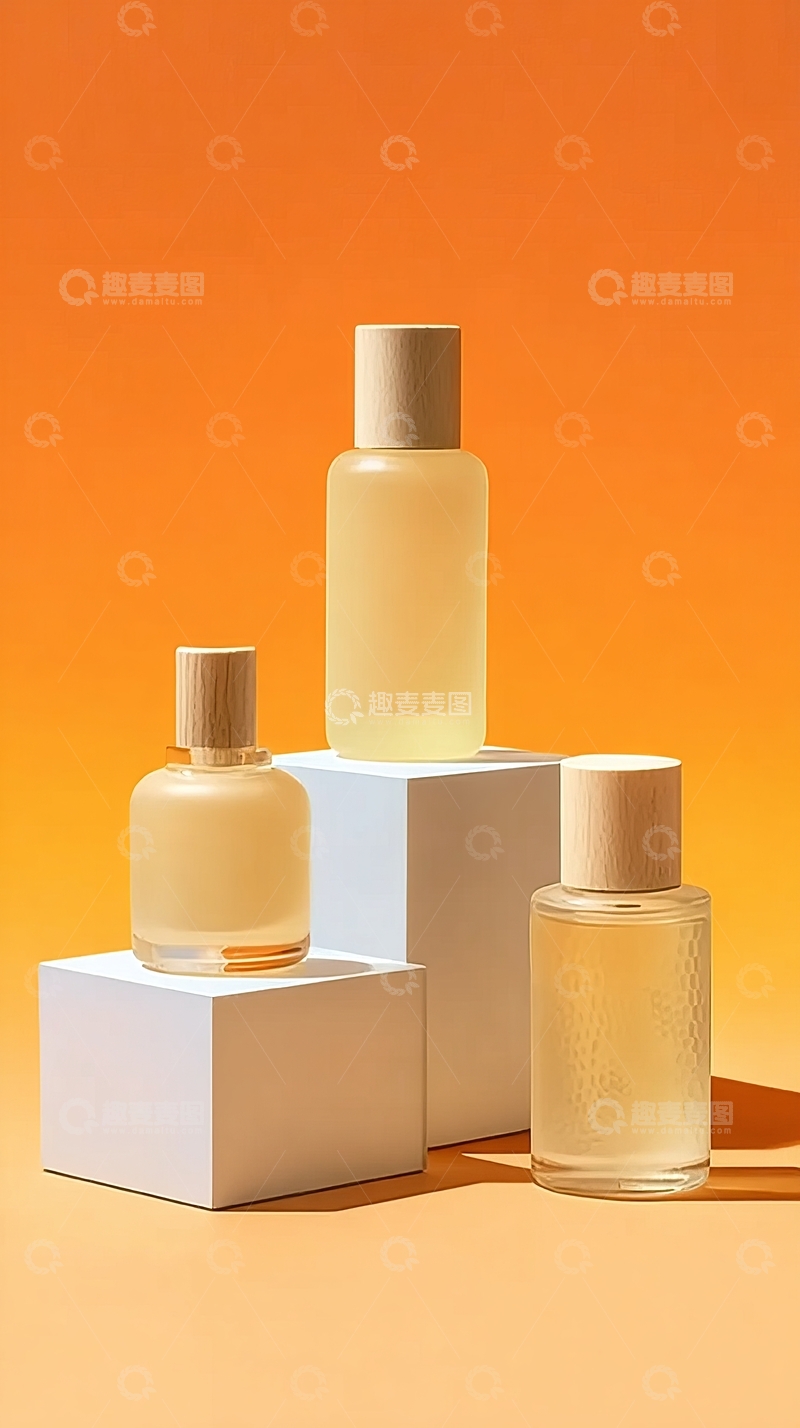 高清大图下载【趣麦麦图】三款透明瓶装液体产品陈列于橙色背景的白色立方体上