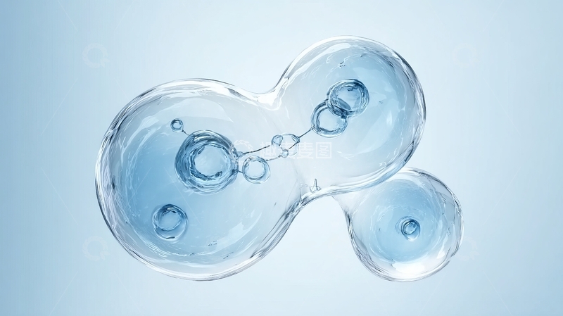 高清大图下载【趣麦麦图】蓝色背景下的透明液滴与分子结构图案