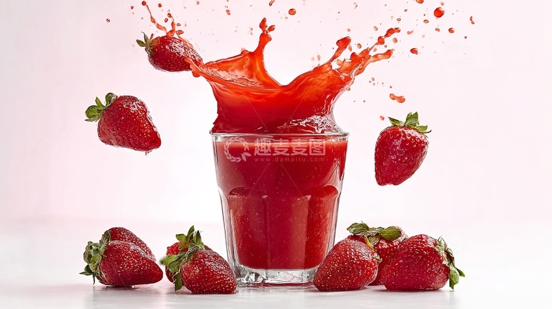 高清大图下载【趣麦麦图】新鲜草莓汁飞溅瞬间玻璃杯中