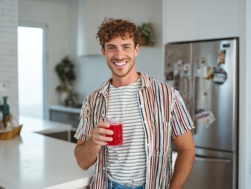 年轻男子在厨房手持红色饮品微笑