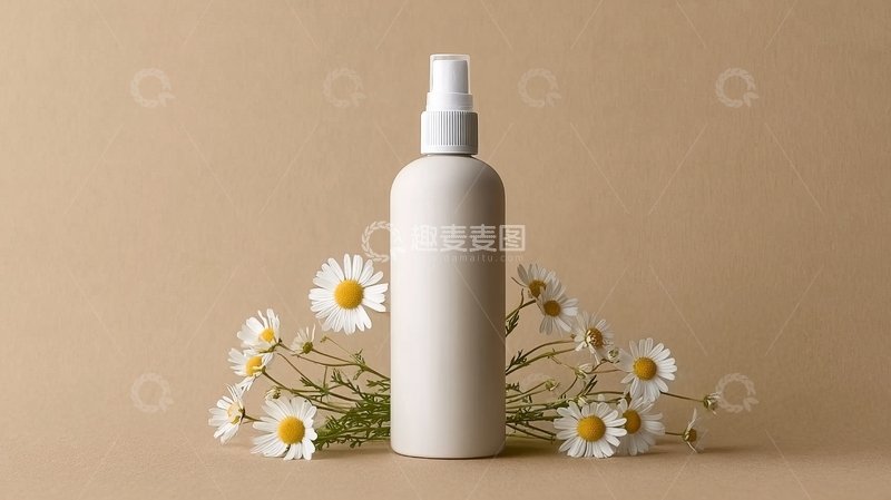高清大图下载【趣麦麦图】白色喷雾瓶置于雏菊与柔和背景之上