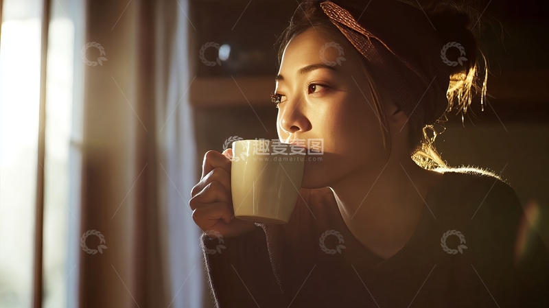 高清大图下载【趣麦麦图】女子手持白杯望向窗外享受宁静时光