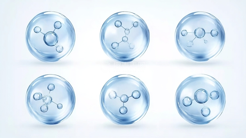 高清大图下载【趣麦麦图】六个蓝色透明球体内部含有分子结构图案