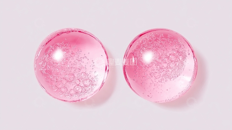 高清大图下载【趣麦麦图】两个粉色透明气泡凝胶球体静置于白色背景之上
