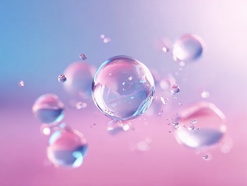 粉色背景下的透明水珠漂浮画面