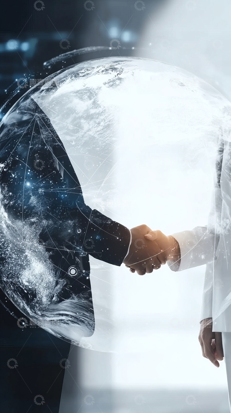 高清大图下载【趣麦麦图】商务人士在科技网络背景中握手合作