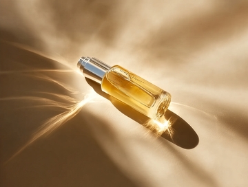 金色光线照射下的香水瓶特写