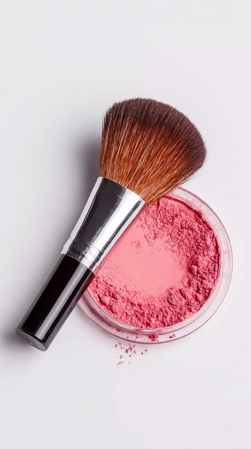 化妆刷与粉色腮红粉的特写展示