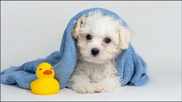 小狗披蓝色毛巾旁有黄色玩具鸭