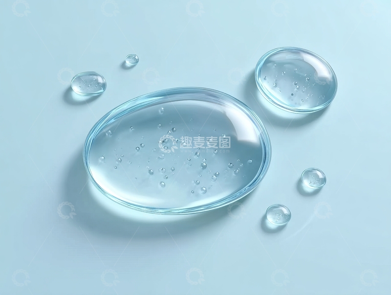 高清大图下载【趣麦麦图】蓝色背景下透明水滴与气泡的静物特写