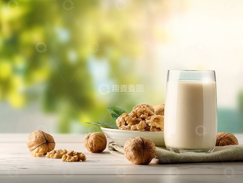 高清大图下载【趣麦麦图】一杯牛奶搭配核桃摆放在木质桌面上