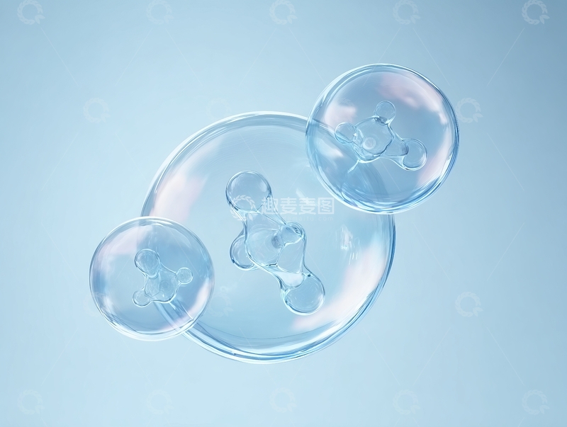 高清大图下载【趣麦麦图】透明气泡与分子结构在淡蓝色背景上漂浮