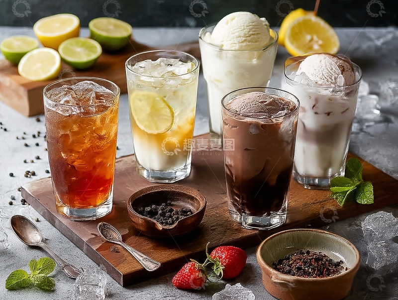 高清大图下载【趣麦麦图】多种饮品与水果摆放在木质托盘上