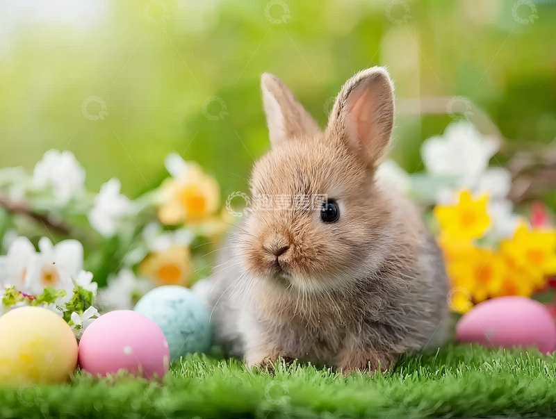 高清大图下载【趣麦麦图】小兔子坐在草地上周围有彩色复活节彩蛋和花朵