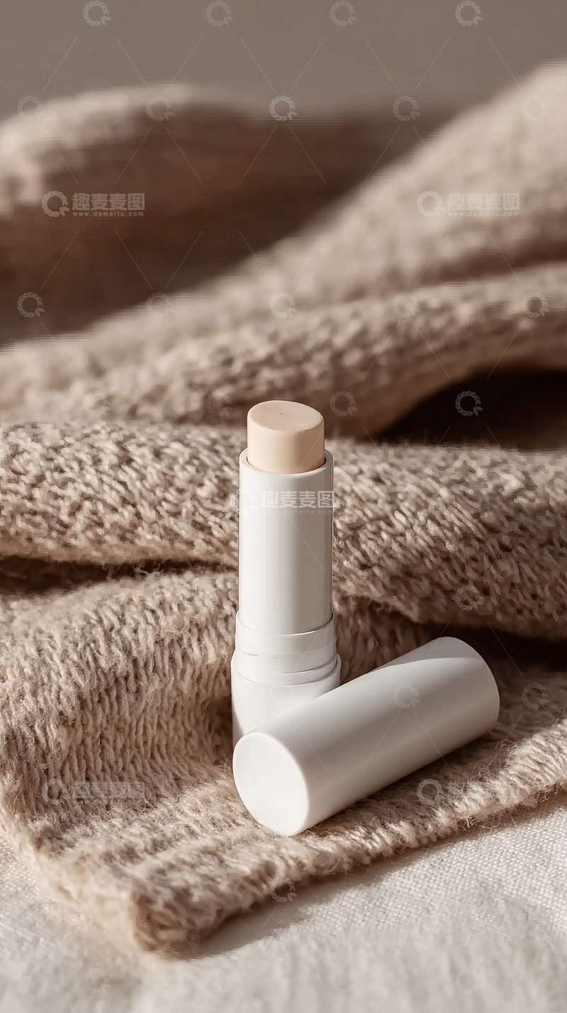 高清大图下载【趣麦麦图】一支唇膏置于柔软针织布料之上